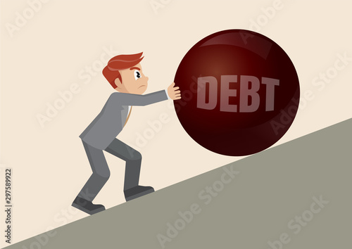 Businessman pushing huge heavy ball up the steep slop.