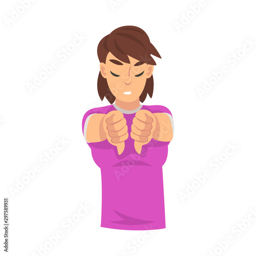 Girl holds two fists fingers down in front of her, dislike cartoon vector illustration