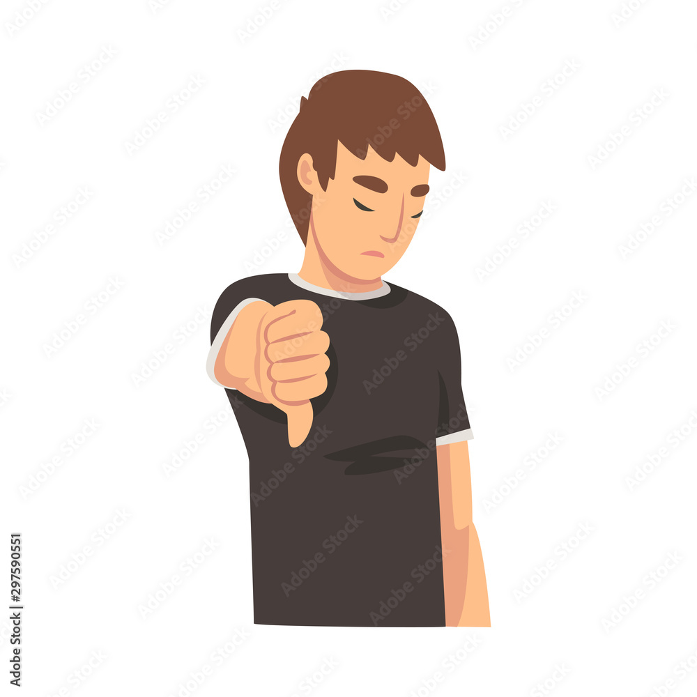 Boy holds fist finger down, dislike cartoon vector illustration Boy holds fist finger down, dislike cartoon vector illustration