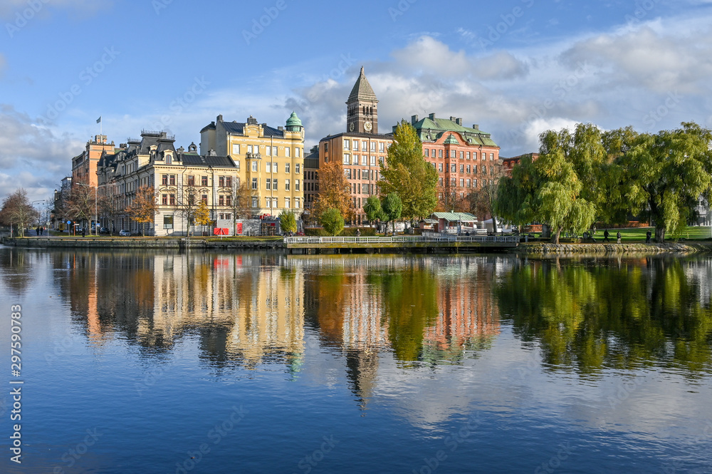 Motala stream in Norrkoping during fall. Norrkoping is a historic industrial town in Sweden.