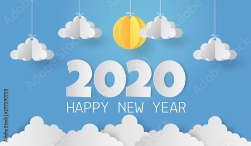 Paper art of origami mobile paper sun and cloud with 2020 happy new year text on blue sky