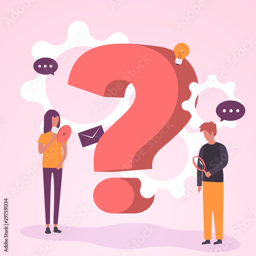 Vector illustration, concept illustration of people frequently asked questions around question marks, answer to question metaphor - vector
