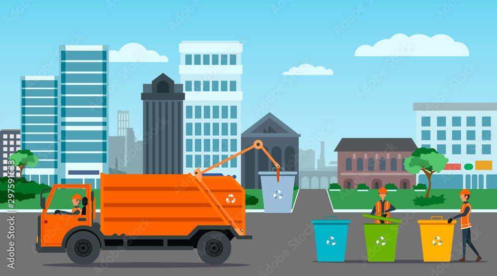 City waste recycling concept with garbage truck, garbage collector and garbage men on city landscape background.
