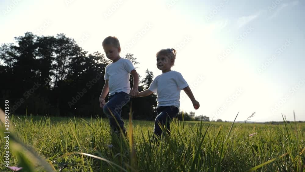 Happy children holding hands are on the green grass. Enjoy the fresh air in the countryside. Beautiful glare of the sun.Summer outing for the children. Healthy lifestyle. Happy children holding hands are on the green grass. Enjoy the fresh air in the countryside. Beautiful glare of the sun.Summer outing for the children. Healthy lifestyle.