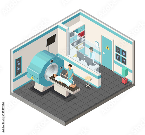 Isometric magnetic resonance therapy . Doctor in is preparing patient for therapy.