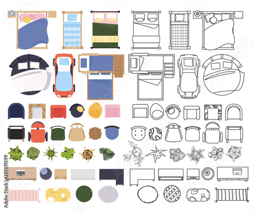 Set Interior Elements, top view. Furniture and elements bedroom. Bed, Chair, Table, Armchair. Collection of linear and color flat illustration