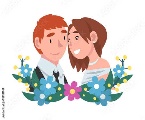 Portrait of bride and groom standing behind a wreath cartoon vector illustration