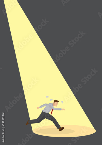 A worried businessman running away under the focus of industrial lights. Caught in the act for a culprit.