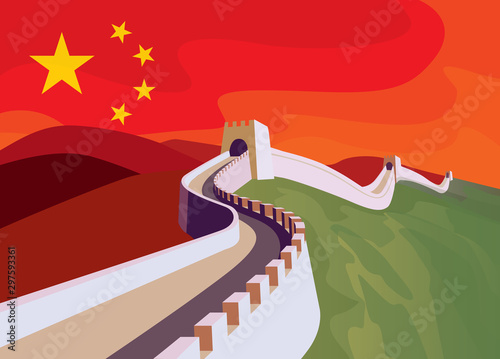 The great Wall of China with chinese flag in the sky. China politics illustration concept.