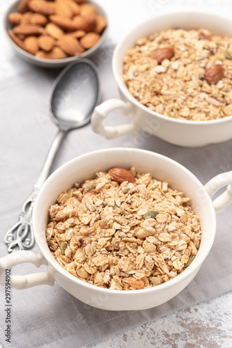 Granola, oatmeal with almond food background