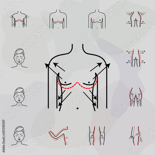Breast enlargement, woman icon. Universal set of plastic surgery, epilation for website design and development, app development