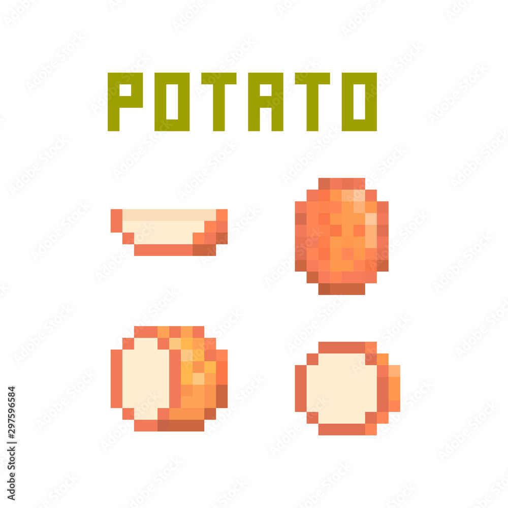 Set of 4 pixel art potatoes (uncut, cut in half, sliced) isolated on white background. Collection of 8 bit root vegetable icons. Old school vintage retro 80s, 90s slot machine/video game graphics.