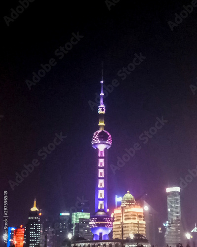 Shanghai Skyline at Night in China.Shanghai modern commercial office buildings .tourist attraction and urban image for background