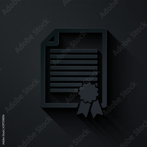 Paper cut Certificate template icon isolated on black background. Achievement, award, degree, grant, diploma. Business success certificate. Paper art style. Vector Illustration