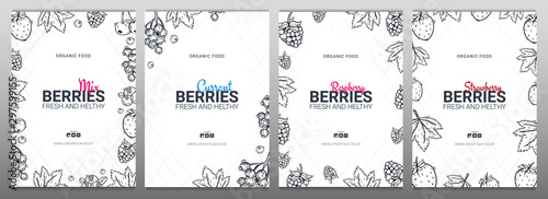 Sert of Berries banners with raspberries, strawberries, currants and cherries. Food design template with berry.
