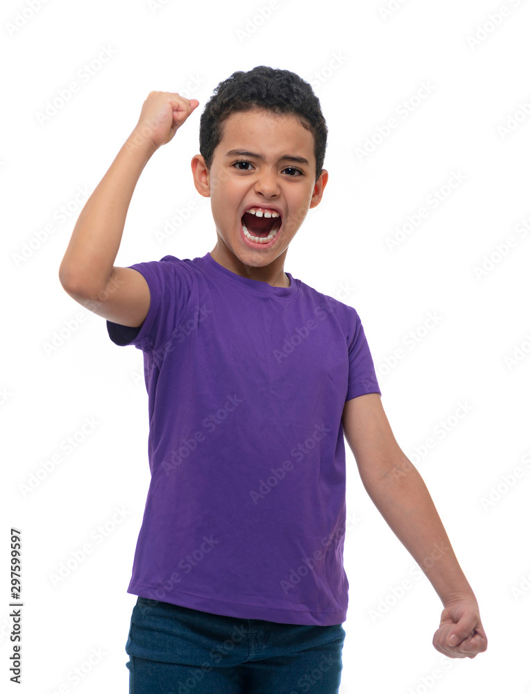 Active Winner Boy Shouting Over White Background Active Winner Boy Shouting Over White Background