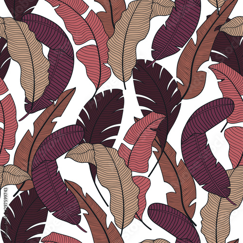 Summer seamless tropical pattern with bright red and Burgundy plants and leaves on a light background. Beautiful print with hand drawn exotic plants. Trendy summer Hawaii print.
