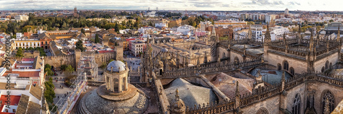 Panoramic View on Cathedral and Sevilla from former Minaret La Giralda, Spain