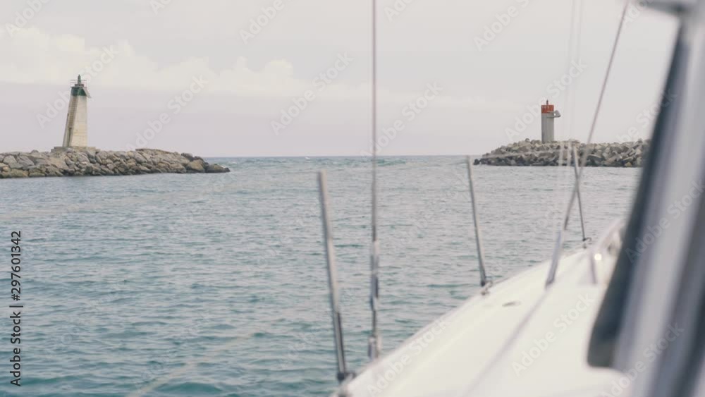 View from a yacht to the beautiful lighthouse of Narbonne in France View from a yacht to the beautiful lighthouse of Narbonne in France