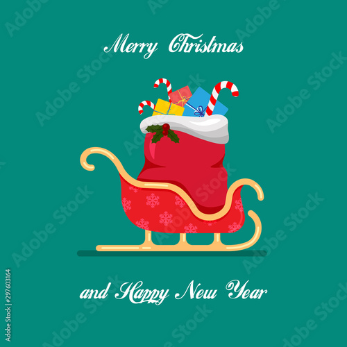 Merry Christmas card concept. Santa sleigh with big bag of presents and gifts. Isolated vector illustration. New Year card with Santa Claus cartoon sled.