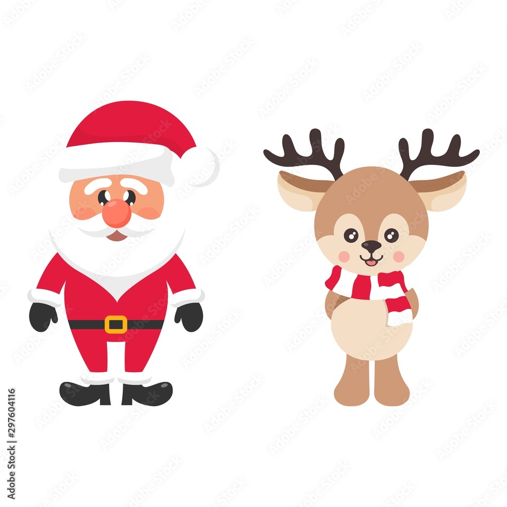 cartoon cute deer with scarf and christmas santa claus cartoon cute deer with scarf and christmas santa claus