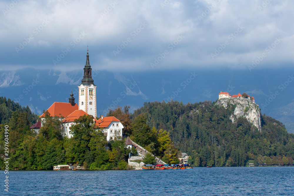 Bled lake in Slovakia with church on island.