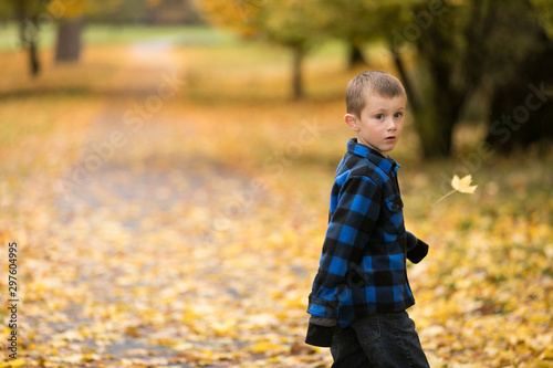 young boy walking on path with yellow leaves