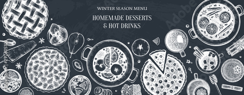 Hot drinks, homemade pies and desserts design. Winter food and drinks top view. Hand drawn illustration of Christmas menu - mulled wine, hot chocolate, tea, cherry, strawberry, apple pies sketches.