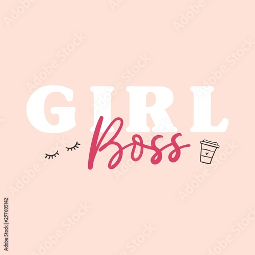 Girl boss lettering card with cup and eyelash symbol vector illustration. Postcard inspirational feminist phrase on white background. Poster with feminine print