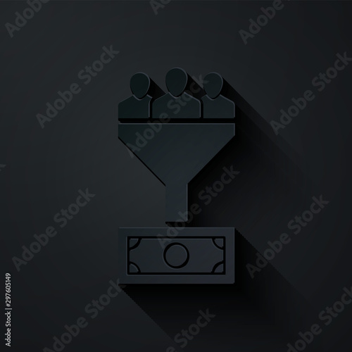 Paper cut Lead management icon isolated on black background. Funnel with people, money. Target client business concept. Paper art style. Vector Illustration