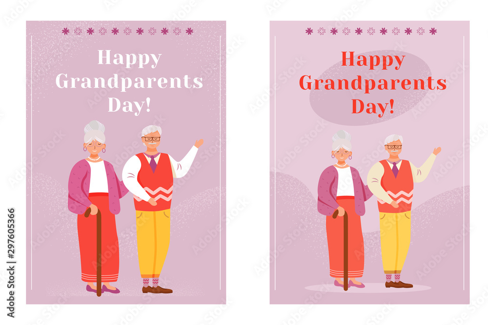 Happy grandparents day greeting card flat vector templates set. Smiling gray haired grandfather and grandmother. Older persons day postcard design layout. Poster with cartoon characters and lettering Happy grandparents day greeting card flat vector templates set. Smiling gray haired grandfather and grandmother. Older persons day postcard design layout. Poster with cartoon characters and lettering