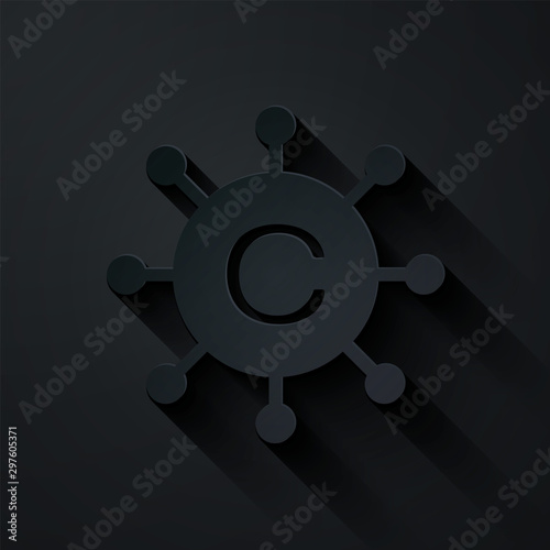 Paper cut Copywriting network icon isolated on black background. Content networking symbol. Copyright sign. Copywriting network sign. Paper art style. Vector Illustration