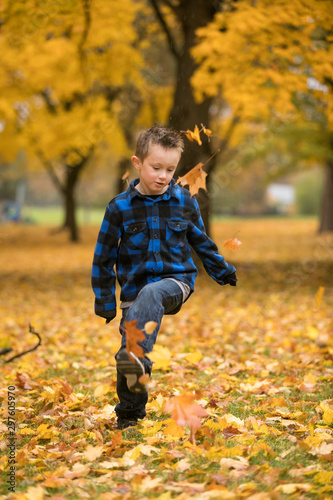 Adorable little boy kicking leaves