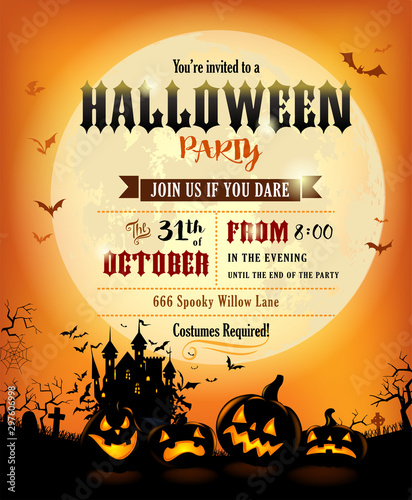 Halloween party invitation with scary pumpkins