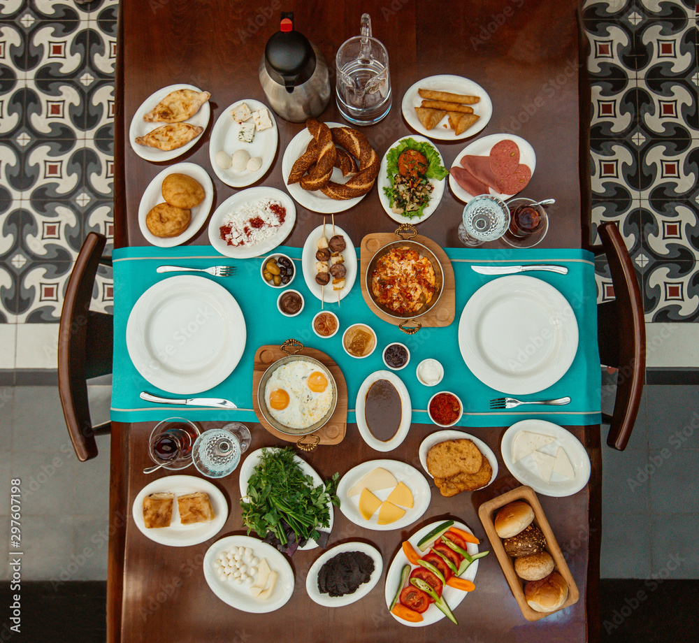 top view of traditional azerbaijani breakfast set at the restaurant top view of traditional azerbaijani breakfast set at the restaurant