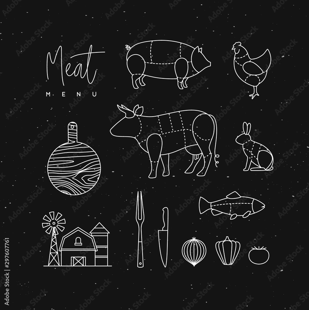 Meat menu flat design elements black