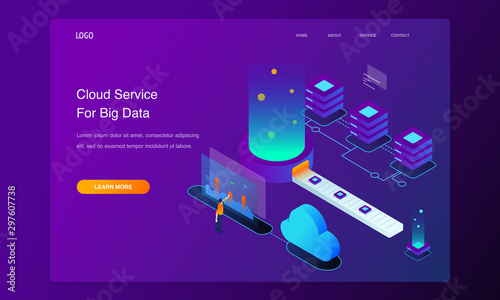 Website 3d Isometric Landing page of People interacting with cloud computing services analyzing statistics. Data visualization concept illustration