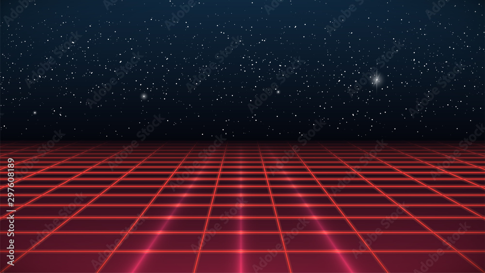 Synthwave background. Dark Retro Futuristic backdrop with red