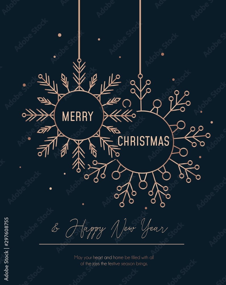 Festive rose gold greeting card with snowflakes vector illustration. Merry Christmas and Happy New Year design with flakes of snow on black background. Xmas holidays concept - obrazy, fototapety, plakaty 