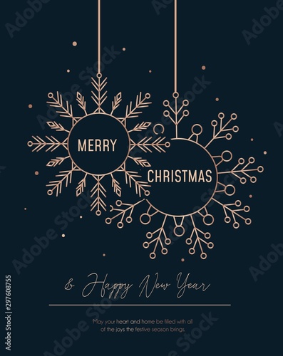 Festive rose gold greeting card with snowflakes vector illustration. Merry Christmas and Happy New Year design with flakes of snow on black background. Xmas holidays concept