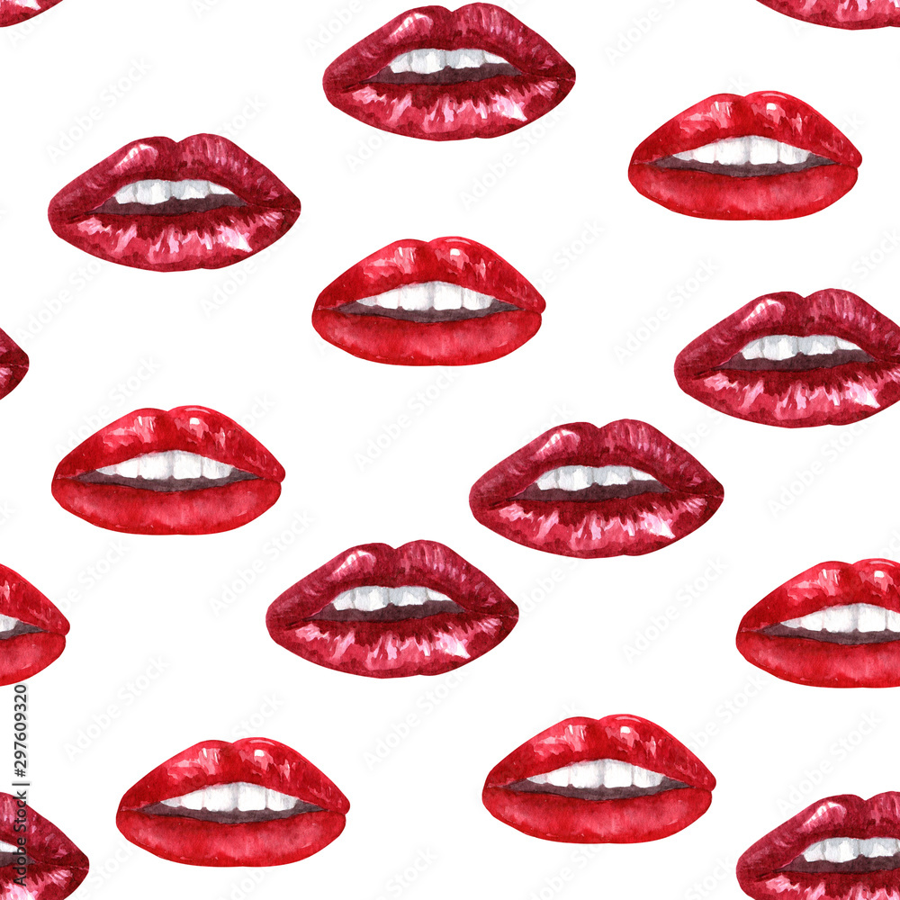Watercolor red lips seamless pattern fashion illustration on white background for design or print. Watercolor red lips seamless pattern fashion illustration on white background for design or print.