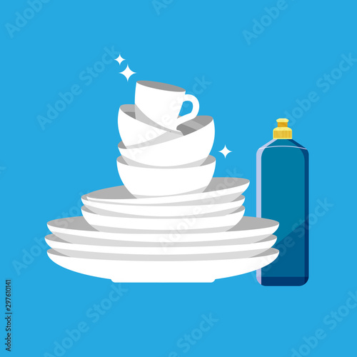Stack of clean shiny dishes and dishwashing liquid on blue background. White kitchen household cutlery after wash. Detergent label design template. Vector illustration.