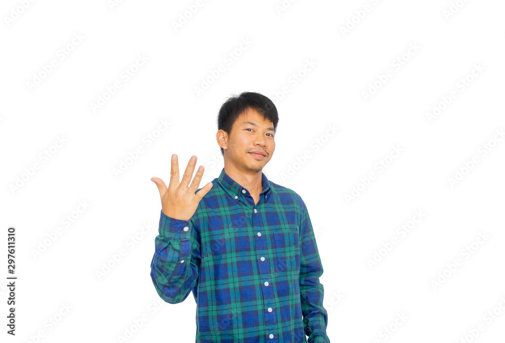 An Asian untidy man in blue plaid shirt is showing number five symbol by his fingers. An Asian untidy man in blue plaid shirt is showing number five symbol by his fingers.
