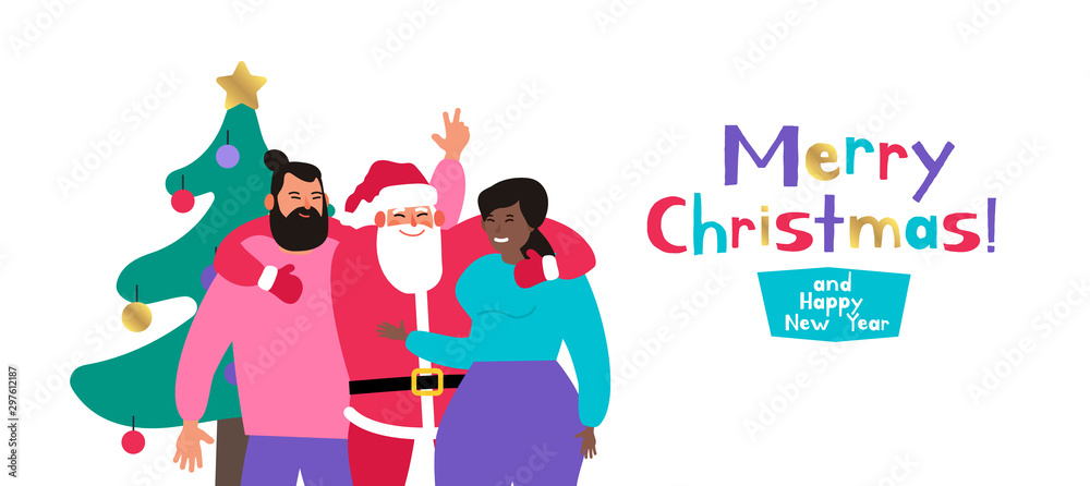 santa claus hugging man and woman merry christmas and happy new year