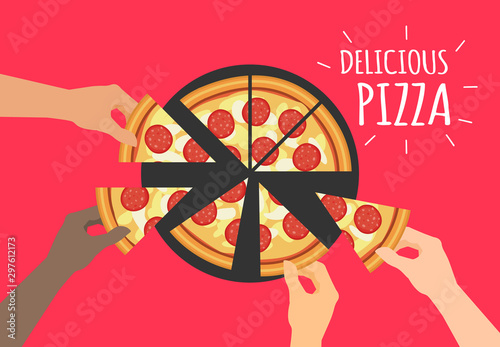 human hands take a pepperoni pizza slices vector illustration