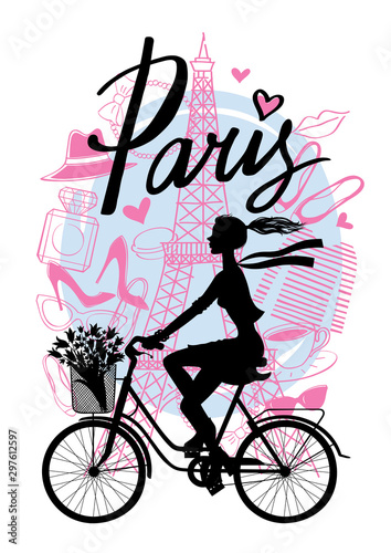 A girl rides a Bicycle. Silhouette cyclist. Paris. Vector hand drawn illustration with Eiffel tower. Fashion accessories. 