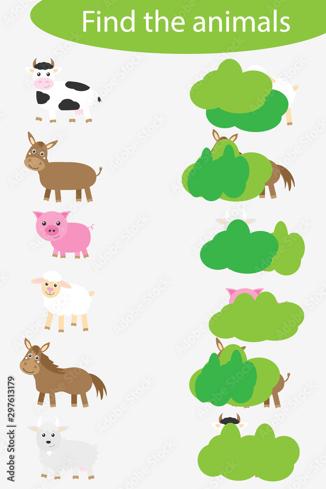 Who are hidding, matching game with farm animals for children, fun  education game for kids, educational task for the development of logical  thinking, preschool worksheet activity, vector illustration Stock Vector |  Adobe