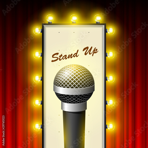 Stand up comedy show - microphone and retro movie theater marquee over drop-curtain