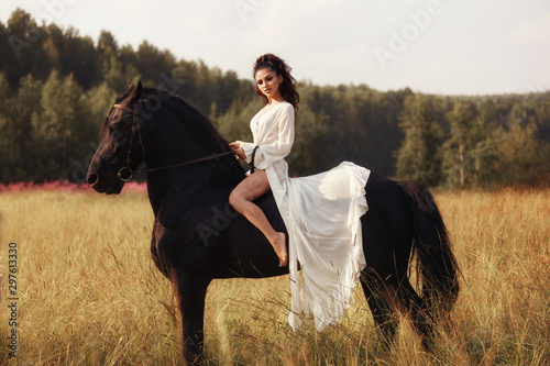Girl in a long dress riding a horse, a beautiful woman riding a horse in a field in autumn. Country life and fashion, noble steed