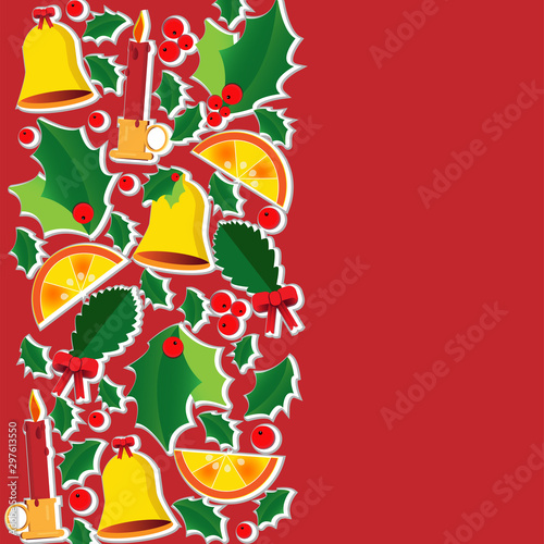 Vector card with the image of a mistletoe leaf, bell and orange slices in flat art style.